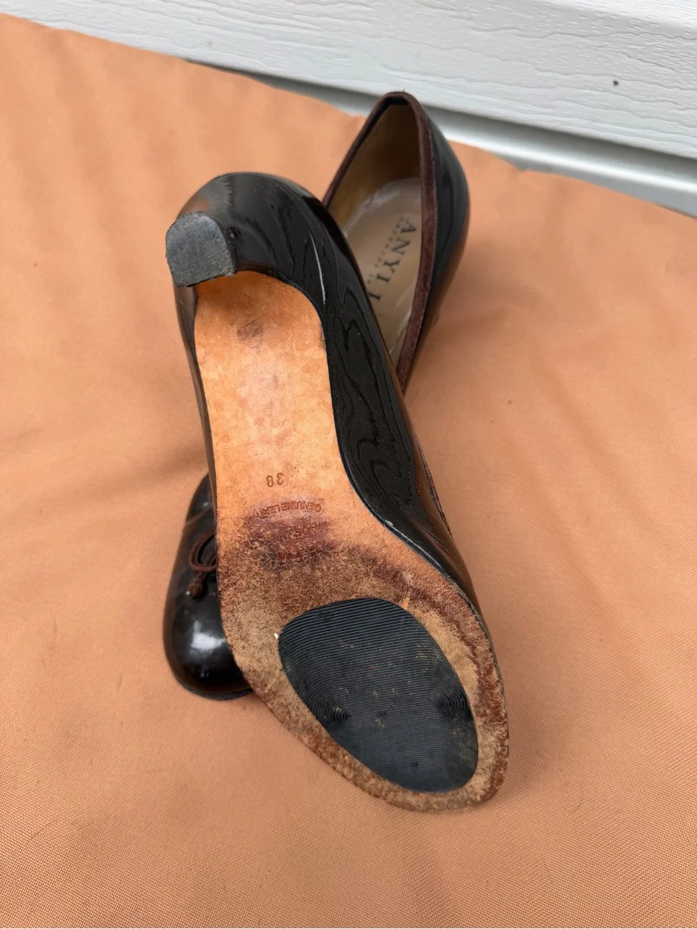 ANYI LU Women’s Pumps Size 38 Brown Patent Leather Suede Bow Made in Italy